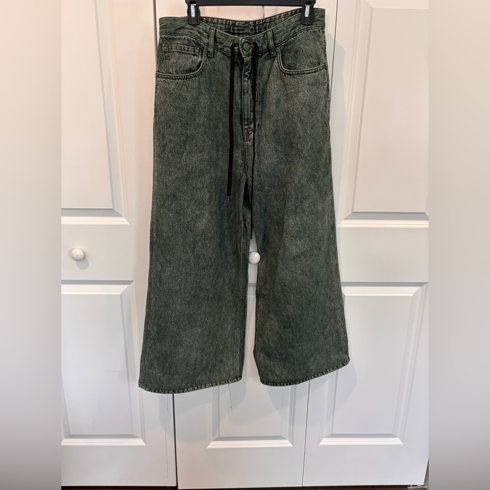 Wide-Leg Green Denim Pants